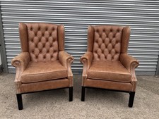 Stunning Premium Tan Leather Wing Back Chesterfield Armchairs with velvet backs