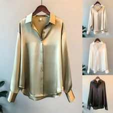 Ladies Blouse Lapel Neck Shirts Office OL Long Sleeve Holiday Solid Satin Silk