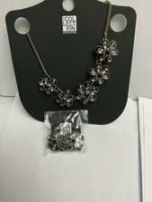 Debenhams Black Enamel &Grey Crystal Flower Necklace &Earrings Set Gold Tone New
