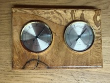Vintage 2 Gauges Thermometer Hygrometer on Oak Base 8.5 x 6in for weather