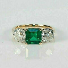 4 Ct Asscher Green Emerald Diamond 3-Stone Wedding Ring 14K Yellow Gold Finish