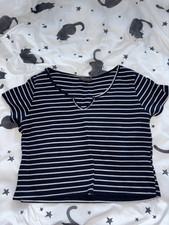Navy and white striped short sleeve cropped top with v neck cut out
