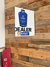 VINTAGE SHELL BUTAGAS DEALER GAS BOTTLE METAL FLANGE GARAGE PETROL STATION SIGN