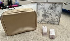ELEMIS Gold & M&S Beige Make-up / Toiletry Bags + Clarins Cream / Serum Samples