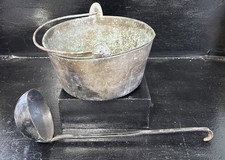 Antique Solid Copper 2.1kg Cauldron With Handle With Cast Iron Ladle