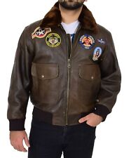 Mens Brown Vintage Leather Pilot Jacket Sheepskin Collar Top Gun Badges Bomber