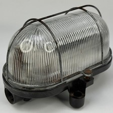 Vintage French Brown Bakelite & Prism Glass Industrial Bulkhead Light With Cage