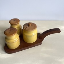 Swedish Jie Gantofta ? Vintage Teak Salt Pepper Mustard Set Wooden Tray Scandi