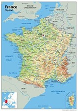  A2 Physical Wall Map of France  Laminated - Size 42 x 59.4 cms 