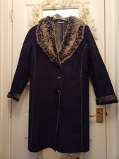 M&S Black long Length Afghan Borg Shearling Suede Fur Style Winter Coat 8 10 