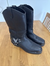Mens Real Leather Hi Biker Boots Rock Punk Grinders Eagle Buckle Metal Toe Uk 10