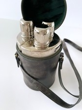 Vintage Hunting Hip Flask Green Leather Carry Case Triple Glass Spirit Shot Cup