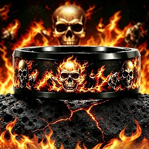 Mens flame skull ring - flame,