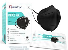 20 Pack OMNITEX FFP2 BLACK 3D 5 Ply FACE MASK with Fit Extender 'Clearance offer