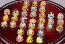 Antique Solitaire Board & 32 German Handmade Marbles Divided & Latticino Cores.