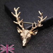 Vintage Gold STAG fashion BROOCH pin BIG ANTLERS deer ELK head ANIMAL reindeer