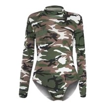 Womens Long Sleeve Polo Neck Bodysuit Ladies Turtle Leotard Printed Top UK 8-26