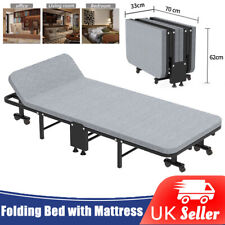 Heavy Duty Single Folding Bed w/ Mattress Portable Guest Bed Metal Frame +Wheels