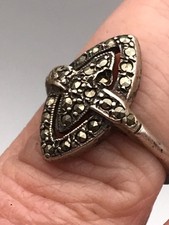 Antique Vintage Art Deco c 1920 solid silver marcasite marquis shaped ring