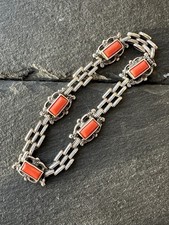 antique art nouveau silver natural red coral bracelet ornate links c.1930s NoRes
