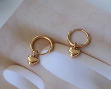 18K Gold Plated Small Huggie Hoop Earrings with Dangle Heart Charm