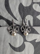 Vivienne Westwood Silver Crystal Orb and Bow Earrings with Dangle Drop Pearl