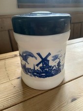 Vintage Blue & White Milk Glass Lidded Pot By Valkens Waard