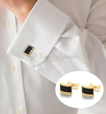 Gold Plated Rectangle Cufflinks Black Onyx Stone Formal Business Shirt Cuff Link