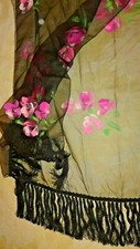 Stunning Vintage Black Organza Silky Tassels Hand Painted Shawl Scarf 80" X 20"