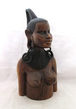12” HIGH CARVED HARD WOOD BUST OF AN AFRICAN LADY, EARRINGS, MAASAI?