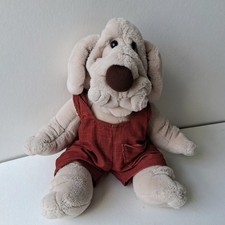 Vintage 1981 Beige Wrinkles Dog Plush Hand Puppet In Brown Dungerees, Ganz Bros