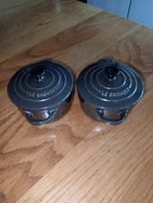 A Pair of LE Creuset Small Earthenware Lidded Bean Pots Unused In Charcoal Grey