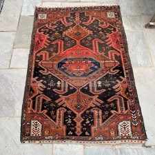 Vintage Heriz Wool Rug Red Geometric Pattern Hand Knotted Area Carpet