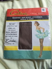 VINTAGE Contour  ENKALON 1950s Nylons BNIP Seam free Run Resist  Rush Brown  9.5