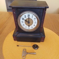 Vintage Early 20th Century French Black Slate  Marble  Clock has key & pendulum 