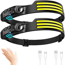 2Pcs LED Head Torch Rechargeable Waterproof COB Headlamp Motion Sensor Headlight