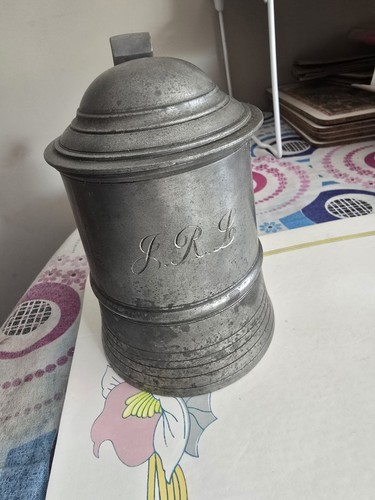 Antique pewter lidded tankard - antique,