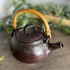 Signed Studio Pottery Teapot— Handcrafted Tenmoku Glaze Stoneware Bamboo Handle