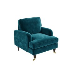 Teal Blue Velvet Armchair Foam Filled with Dark Wood and Gold Legs Saddle Arms