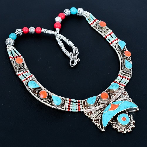 Red coral turquoise handmade - turquoise,