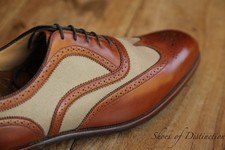 Edward Green Brown Leather BeigeCanvas Oxford Brogue Shoes UK 9.5 D US 10