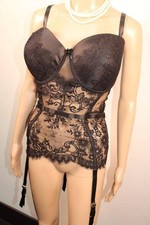 VTG BLACK LACE & SHEER CORSET, OPEN BOTTOM CAMI SUSPENDER SIZE SIZE XL 20-22D-DD