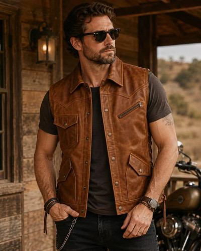 Mens distressed leather vest - distressed,