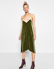 ZARA Women’s Green Velvet Mesh Trim Slip Dress Size Small EU 36 UK 8 US 4 Rare