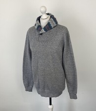 Roots Canada Shawl Neck Jumper Grey Fairisle Collar & Elbow Patches Sz Small
