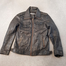 Superdry Mens Jacket Large Brown Leather Ryan Biker Coat Moto Cafe Racer Zip Up