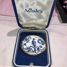 Vintage Aynsley Floral Peacock Blue White Hand Painted F/Bone China Brooch Box