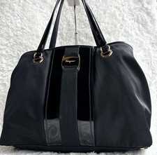 Ferragamo Vara Ribbon Nylon Tote Bag Black With Patent Leather Handles