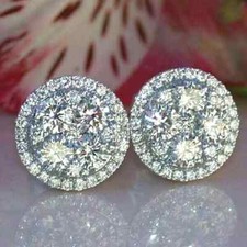 Moissanite 3Ct Round Cut Cluster Shape Stud Earrings 14K White Gold Plated