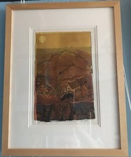 Welsh landscape with houses and the sun by Su Walls. Framed Monoprint